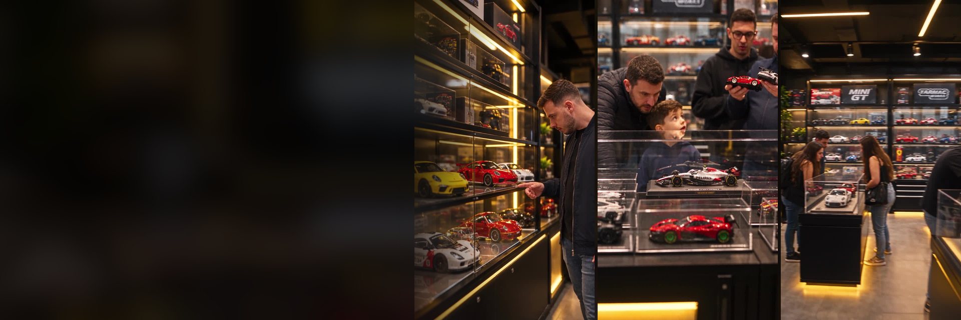 Interior da loja Garagem em Escala, com vitrines iluminadas de miniaturas